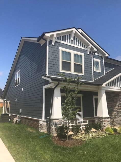 Slate Blue House Exterior, New Build Exterior, Siding With White Trim, Blue House White Trim, Blue Siding House, House With White Trim, Blue Home Exterior, Blue Exterior House Colors, Apartment Backyard