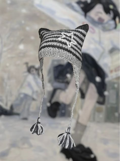 Crochet Cat Beanie Aesthetic, Beanie Cat Ears, Emo Crochet, Skeleton Corset, Beanie Accessories, Beanie Pattern Free, Y2k Hat, Headphone Fashion, Y2k Crochet