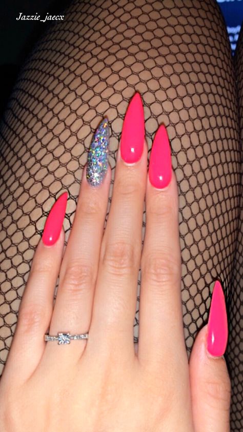 Pointy Almond Shaped Nails, Hot Pink Nails Barbie, Pink Nail Designs Almond Shape Glitter, Barbie Nails Almond, Barbie Nails Almond Shape, Pink Barbie Inspired Nails, Neon Pink Stiletto Nails, Almond Hot Pink Nails, Barbie Pink Nails Almond Shape