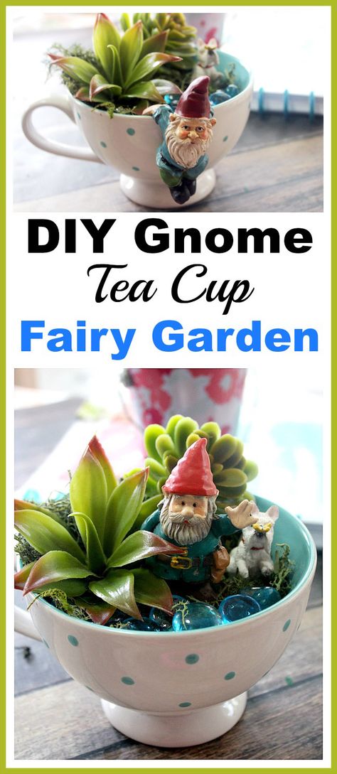 Tea Cup Fairy Garden, Succulent Ideas, Succulent Decor, Fairy Garden Gnomes, Diy Gnome, Fairies Garden, Teacup Gardens, Teacup Crafts, Diy Table Decor