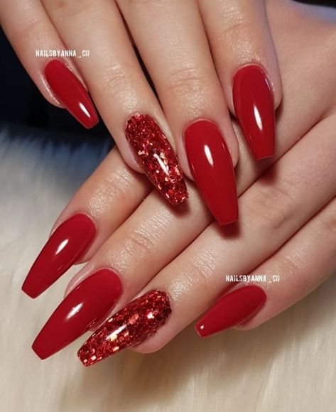 Red Nails Glitter Tips, Red Acrylic Nails With Glitter, Sparkly Red Nails Acrylic, Red Classy Nails, Red Nails With Glitter, Red Sparkle Nails, Red Sparkly Nails, Long Red Nails, Red And Gold Nails