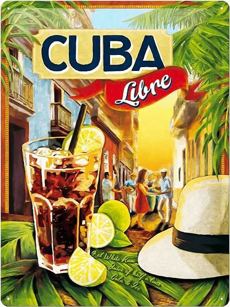 Ilustraciones Vintage Cuba. Turismo, viajes y vacaciones. Cuba Libre Cocktail, Havana Nights Party, Vintage Cuba, Viva Cuba, Varadero Cuba, Cuban Art, Black Poster, Retro Tin Signs, Havana Nights