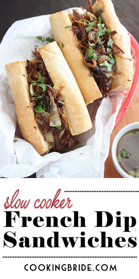 Rump roast is slowly simmered until tender and topped with onions in this tasty version of slow cooker French dip sandwiches. Slow Cooker French Dip Sandwiches, Slow Cooker French Dip, Rump Roast, French Dip Sandwiches, Dip Sandwiches, French Dip Sandwich, Healthy Slow Cooker, French Dip, Slow Cooker Recipes Healthy