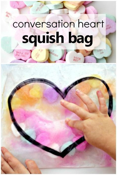 Conversation Heart Sensory Squish Bag for Toddlers and Preschoolers-with a fun science twist! #valentinesday #preschool #kidsactivities February Lesson Plan, Valentine Preschool, Valentine Sensory, February Lessons, Science Valentines, February Crafts, Preschool Centers, Toddler Sensory, Valentine's Day Crafts For Kids