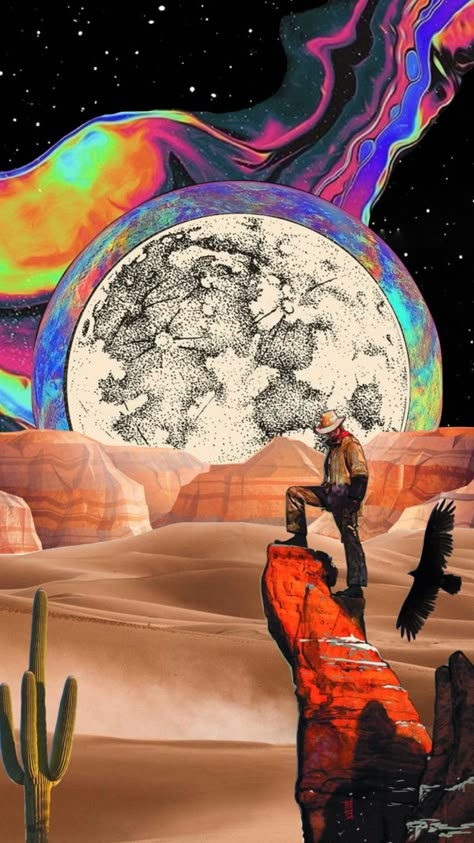 #desert #cowboy #western #planet #physcedelic #spin #bird #stars Alien Cowboy Aesthetic, Space Cowboy Painting, Cosmic Cowboy Aesthetic, Space Cowboy Art, Space Cowboy Theme, Neon Cowboy, Space Cowboy Aesthetic, Cosmic Cowboy, Space Western