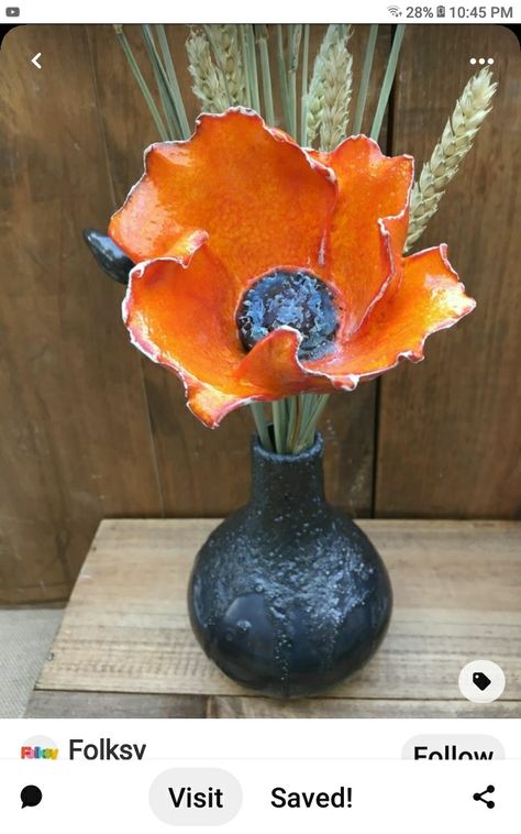 Ceramic Poppy, Ceramic Poppies, Unique Floral Arrangements, Short Vase, Orange Ceramic, Bulb Vase, Orange Glaze, Pottery Handbuilding, Flower Sculptures