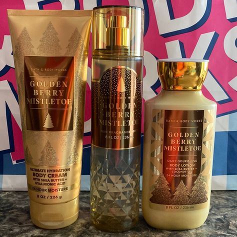 Bath & Body Works Set Golden Berry Mistletoe 1. Fine Fragrance Mist 236 Ml. 1. Body Lotion 236 Ml. 1. Body Cream 226 G. New Golden Berry Mistletoe, Diy Hygiene, Golden Berry, Body Essentials, Shimmer Body Oil, Fav Products, Lavender Aromatherapy, Shea Butter Hand Cream, Body Creams