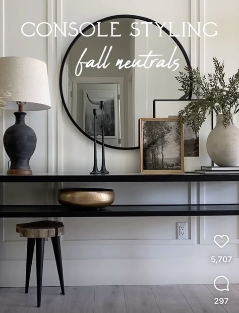 Round Mirror Over Buffet, Arch Mirror Entryway Table, Black Entry Table With Mirror, Entryway Table With Arch Mirror, Black Mirror Entry Table, Black Console Table With Circle Mirror, Nashville Airbnb, Dresser Top Decor, Fireplace Cabinet