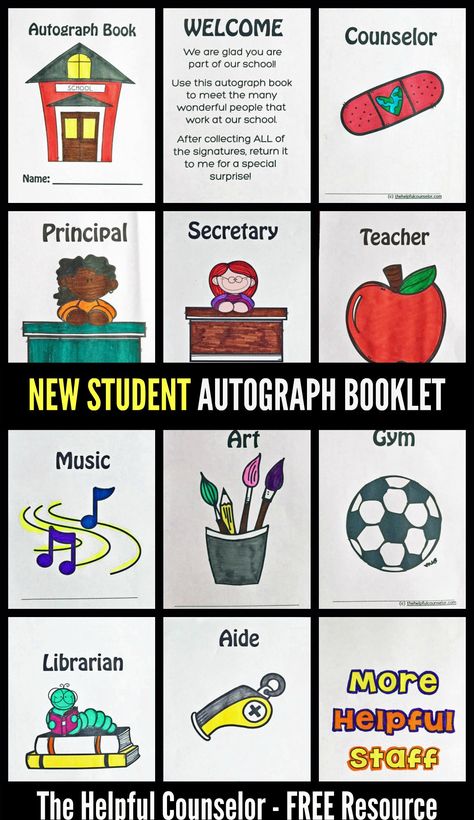 New Student Activity: Autograph Booklet FREE Download Elementary School Counseling Lessons, Student Games, Bullentin Boards, Elementary School Counselor, Middle School Counseling, School Counseling Lessons, Leadership Activities, Support Worker, Counseling Kids