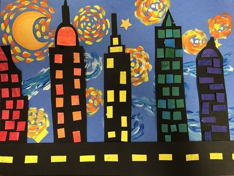 Inspired by the awesome art teacher @MrsAllainart , 3rd grade will be creating these beauties next week in art! Here's how we will... Third Grade Art Project, Third Grade Art, First Grade Art, 2nd Grade Art, 4th Grade Art, 3rd Grade Art, Elementary Art Projects, Cityscape Art, Kindergarten Art