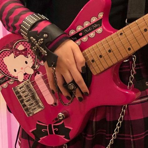 Lovecore Webcore, Hello Kitty Guitar, Pink Guitar, Y2k Hello Kitty, Pink Goth, Rockstar Aesthetic, Electric Guitar Design, Emo Aesthetic, Guitar Obsession