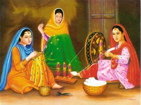 Punjabi women Punjabi Women Painting, Punjab Illustration Art, Punjabi Culture Painting, Punjabi Culture Art, Rangla Punjab, Punjabi Art, Punjab Culture, Village Scene Drawing, Punjabi Virsa