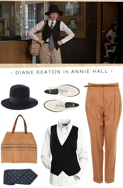 Annie Hall Costume.... halloween next year? Annie Hall Style Outfits, Annie Hall Halloween Costume, Vintage Business Vest For Fall, Journalist Costume, Vintage Tailored Vest For Fall, Vintage Sweater Vest For Fall Workwear, Tailored Vintage Fall Vest, Vintage Brown Short Brim Costume Hat, Annie Hall Style