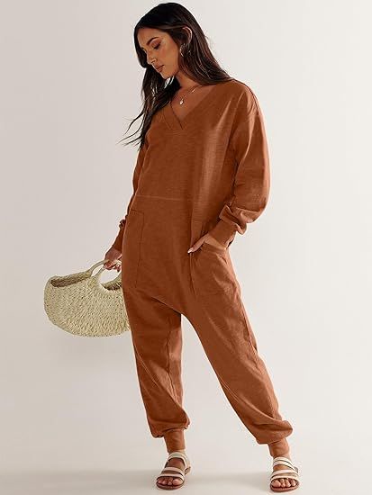 Women's Casual Loose Jumpsuits Long Sleeve V Neck Rompers Baggy Overalls Lounge Pajamas Onesie Jumpers with Pocket #ANRABESS #womens #Longsleeve #jumpsuit #Sponsored Baggy Overalls, Loose Romper, Womens Jumpsuits Casual, Pajama Outfit, Fitted Romper, Loose Jumpsuit, Lounge Pajamas, Cotton Romper, One Piece Pajamas