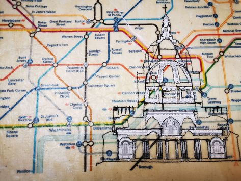 St Paul's Cathedral with Tube Map Sketch Illustration Outline -Textiles Art London Metro Map London Underground Colourful Tube Black and White Collage Machine Sewing Print Transfer Architecture Mind Map Art, London Underground Art, Places And Spaces Gcse Textiles, London Tube Map Art, Maps Textiles, Tube Map Art, Journey Textiles, London Underground Map Art, Places And Spaces Gcse Art