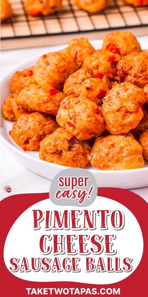 Pimento Cheese Sausage Balls (Zesty) Take Two Tapas Bocce Ball Party Food, Palmetto Cheese Sausage Balls, Sausage Balls Bisquick Pimento Cheese, Sausage Balls With Pimento Cheese, Pimento Cheese Sausage Balls, Party Food Favorites, Cheese Sausage Balls, Palmetto Cheese, Sausage Balls Bisquick