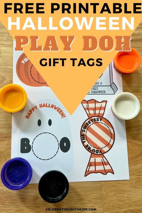 Create fun and festive Halloween gifts with our free printable Play Doh gift tags, perfect for class parties or neighborhood treats. Easily pair these tags with mini play-dough containers for a creative and thoughtful Halloween surprise! Halloween Gift For Preschoolers, Halloween Play Doh Printable, Play Dough Halloween Favors, Play Dough Gift Tags Free Printable, Play Doh Gift, Gift Tags Free Printable, Halloween Classroom Treats, Play Dough Gift, Halloween Themed Activities