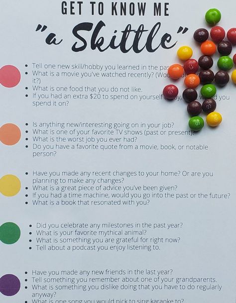 Use these questions to break the ice 'a Skittle': An easy ice breaker for people who hate ice breakers. - The Sparrow's Home Mm Ice Breaker Game, Link Crew Activities, Mixer Questions Ice Breakers, Fun Ice Breakers For Women, Women’s Ice Breaker Games, Ice Breaker Ideas For Adults, Get To Know Me A Skittle, Staff Retreat Activities, Best Ice Breakers For Adults