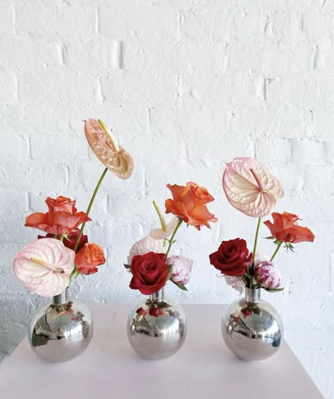 Unique Bud Vase Arrangements, Tiny Centerpieces, Tropical Bud Vase, Tropical Bud Vases, Anthurium Centerpiece, Red Rose Bud Vase, Red Bud Vases, Bud Vase Arrangements, Red Flower Arrangements