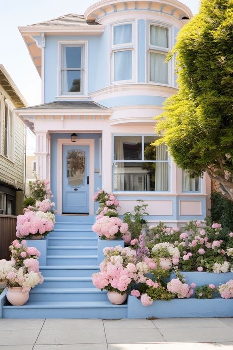 Pink And Blue Victorian House, Victorian Style Cottage, Pastel House Exterior, Pink Cottage House, House Aesthetic Exterior, Blue Victorian House, Light Blue House, Modern House Colors, Light Blue Houses