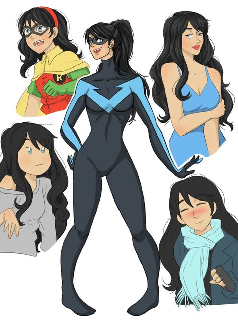 Nightwing Dc Comics Genderbend, Genderbend Nightwing, Batfam Genderbend, Nightwing Genderbend, Spiderman Genderbend, Batman Genderbend, Fem Nightwing, Nightwing Redesign, Female Nightwing