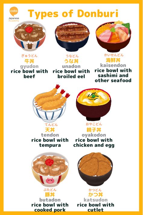 Japanese Festival Food, Food In Japanese, Japanese Donburi, Donburi Recipe, Japanese Food Names, Traditional Japanese Food, Japenese Food, Japanese Cafe, Japanese Food Illustration