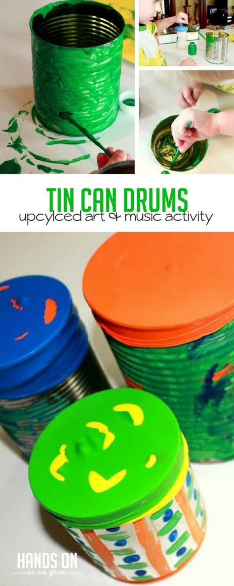 Create colorful upcycled tin can drums with an art activity that is perfect for toddlers and preschoolers! A homemade drum is fun to play and easy to craft with kids! via @handsonaswegrow Homemade Drum, Drum Craft, Craft Activities For Toddlers, Music Activity, Drums For Kids, Drums Art, Toddler Art Projects, Music Crafts, Art And Music