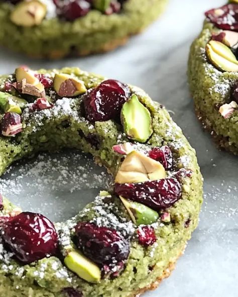 Pistachio Cranberry Wreath Cookies Pistachio Wreath Cookies, Cherry Pistachio Cookies, Pistachio Cranberry Cookies, Southern Candied Sweet Potatoes, Cranberry Wreath, Carrot Cake Roll, Candied Sweet Potato Recipes, Cookies Photography, Winter Holiday Recipes