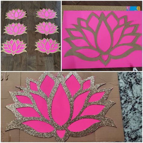 Beautiful and easy foam sheet Lotus. I have used gold and hot pink and layered both to get this result. Crepe Paper Lotus Flowers Diy, Diy Lotus Flower, Lotus Craft, P Craft, Diy Lotus, Flower Decoration For Ganpati, Origami Lotus, Origami Lotus Flower, Paper Lotus