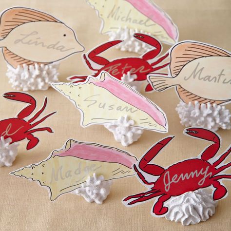 Shell Place Cards, Place Card Design, Place Card Ideas, Crab Party, Wedding Graphics, Beachy Wedding, Place Card Template, Wedding Place Settings, Seating Cards