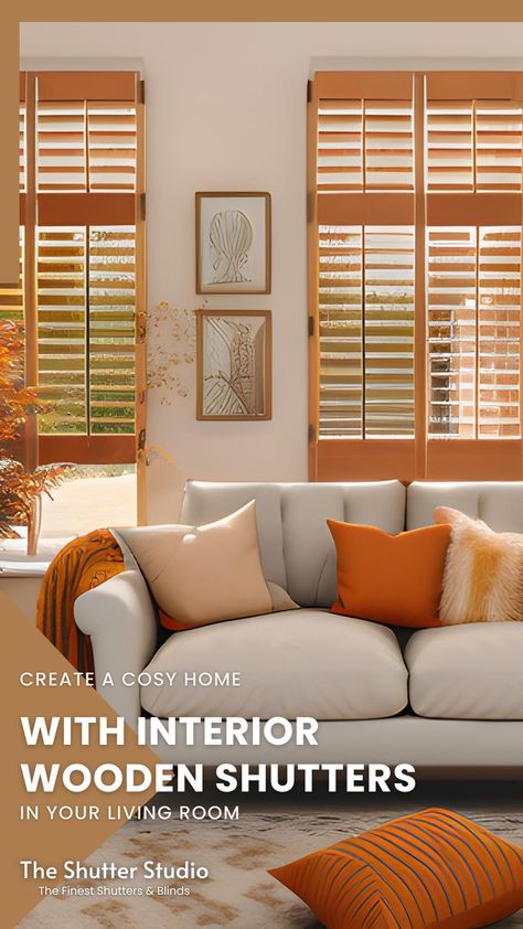 Add instant warmth to your living room as the seasons turn colder with some wood-stained shutters. Interior Shutters offer many benefits to homes; saving energy, privacy and light control and a stylistic touch. We love our popular white shutters, but sometimes a warm wood-stained finish, to create a cosy finish to any room. Find our range of colours on our website. Stained Shutters, Shutters For Windows, Shutters Living Room, Shutters Interior, Painting Shutters, Relaxing Living Room, White Shutters, Room View, Interior Shutters