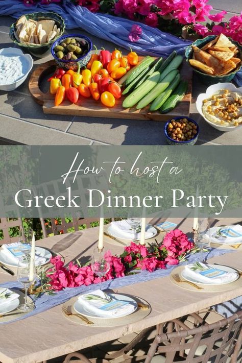 Looking to host your own Greek Dinner Party?! This post is for you! I include detailed ideas for food, drinks, decor, playlists and more! | Greek Dinner Party | Themed Dinner Party Ideas | Casual Dinner Party Themes | Easy Greek Food | Mediterranean Dinner Party, Greek Party Decorations, Themed Dinner Party Ideas, Greek Dinner Party, Greek Birthday, Greek Party Theme, Greece Party, Greek Fries, Mediterranean Theme