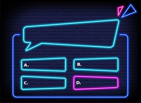 Neon quiz game template. Four options answers for knowledge exam in school, tv show. Vector Illustration 10 eps Rectangle Background, Question And Answer Games, School Tv, Live Room, Game Textures, Quiz Design, Line Game, Quiz Questions And Answers, Game Template