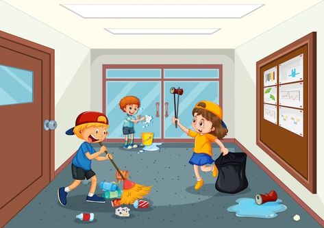 Student cleaning school hallway | Premium Vector #Freepik #vector #kids #kids-cleaning #school-corridor #school-hallway Hallway Illustration, Cleaning Drawing, Student Cleaning, School Hallway, Student Cartoon, Picture Composition, School Hallways, School Cartoon, Kids Background