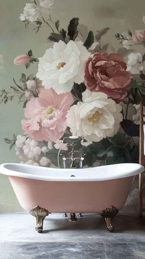 Vintage claw-foot tub against a large floral mural, showcasing pastel colors for a romantic, elegant bathroom atmosphere. Bathroom Wall Mural Ideas, Vintage Bathroom Wallpaper, Bathroom Wallpaper Trends, Gorgeous Wallpaper, Glamorous Bathroom, Floral Mural, Earthy Living Room, Pastel Vintage, Bathroom Inspiration Modern