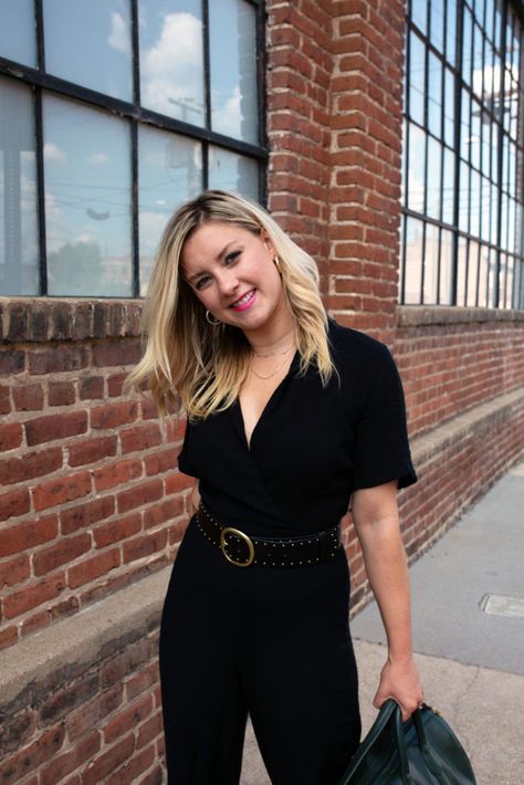 How to Style a Black Jumpsuit Three Ways How To Style Black Jumpsuit, How To Style A Black Jumpsuit, Dress Up A Romper, Style A Black Jumpsuit, Black Jumpsuit With Belt, Formal Black Jumpsuit, Long Sleeve Jumpsuit Outfit, Black Jumpsuit Outfit, Fancy Jumpsuit