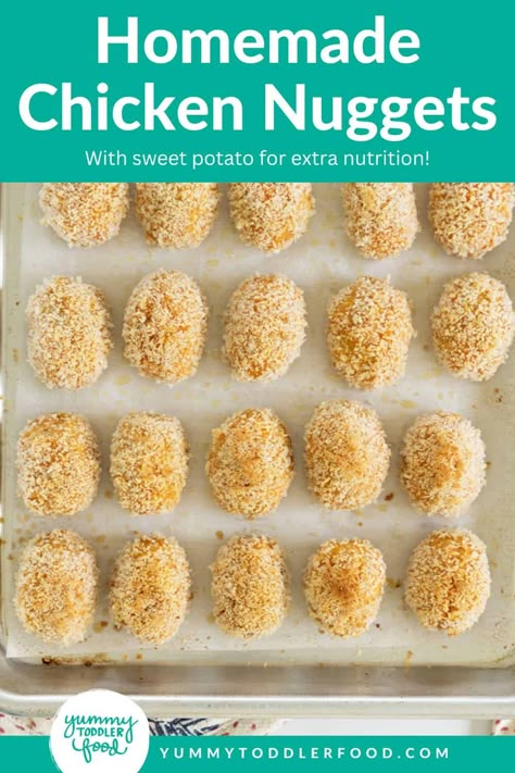 Healthy Homemade Chicken Nuggets, Easy Toddler Dinner, Veggie Chicken Nuggets, Healthy Chicken Nuggets, Homemade Chicken Nuggets, Toddler Dinner, Cubed Sweet Potatoes, Nuggets Recipe, Weaning Recipes