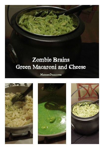 Zombie Brains Halloween Recipe: Green Macaroni and Cheese #halloween #halloweenrecipes Halloween Noodles Food, Halloween Pasta Ideas, Spinach Powder, Zombie Food, Gf Pasta, Macaroni Noodles, Zombie Brains, Zombie Birthday Parties, Halloween Green