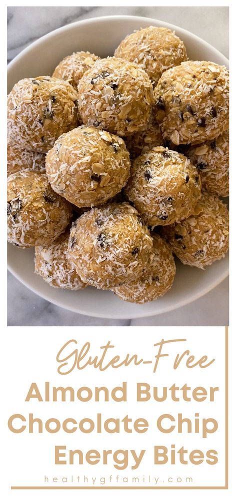 Gluten-free and vegan, these energy bites are my family's favorite anytime snack! They're nourishing, satisfying and so yummy! Perfect for meal prep, they are just 5 ingredients, No Bake, come together quickly and make a large quantity. Chocolate Chip Energy Bites, Almond Butter Chocolate, Almond Butter Recipes, Protein Bites, Healthy Meals To Cook, Paleo Snacks, Healthy Food List, Gluten Free Snacks, Energy Bites