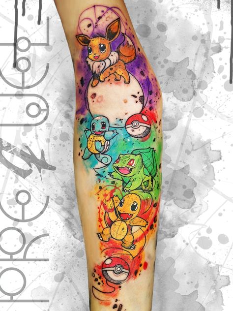 Pokemon Watercolor Tattoo, Watercolor Anime Tattoo, Pokémon Tattoo Sleeve, Pokemon Sleeve Tattoo, Pokemon Tattoo Sleeve, Pokémon Tattoo Ideas, Nintendo Tattoo Ideas, Watercolor Sleeve Tattoo, Pokemon Tattoo Design