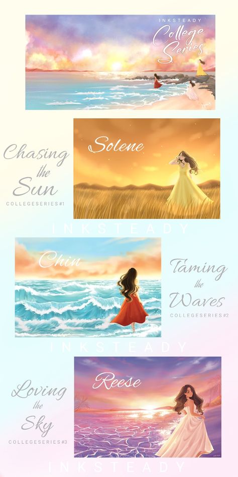 Chasing the Sun ( College Series #1) ☀🍃 Taming the Waves ( College series #2) 🌊✨ Loving the Sky ( College series #3) ☁🌸 College Series Wattpad Cover, Chasing The Sun Book, Wattpad Aesthetic Quotes, Loving The Sky Wattpad, Taming The Waves Wattpad, College Series Wattpad, Chasing The Sun Wattpad, Taming The Waves By Inksteady, College Series By Inksteady