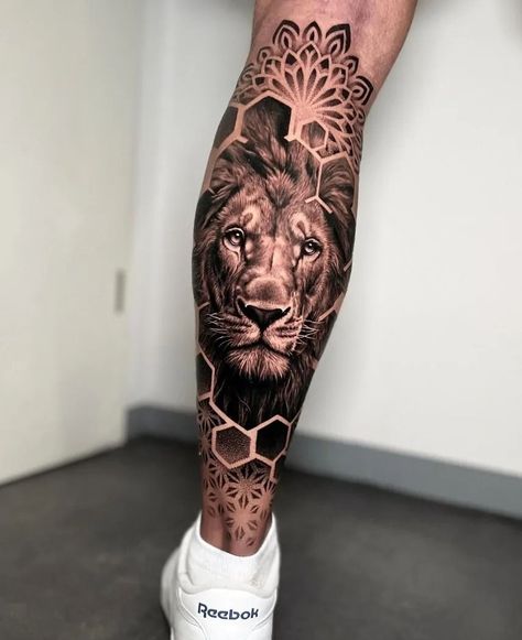 Lion Leg Tattoo, Lion Tattoo Ideas, Geometric Wolf Tattoo, Lion Forearm Tattoos, Geometric Lion Tattoo, Best Leg Tattoos, Animal Sleeve Tattoo, Lion Tattoo Sleeves, Full Leg Tattoos