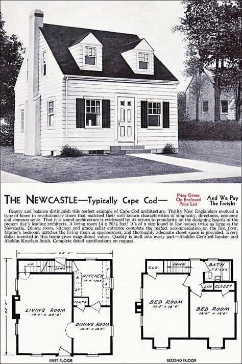 The New Castle Kit House Floor Plan made by the Aladdin Company in Bay City Michigan in 1940 Vintage Cape Cod Aladdin Bedroom, Cape House Plans, Cape Cod House Interior, 1940 House, 1940s House, Detailed House, New England Cottage, Modern Cape, Cape Cod House Plans