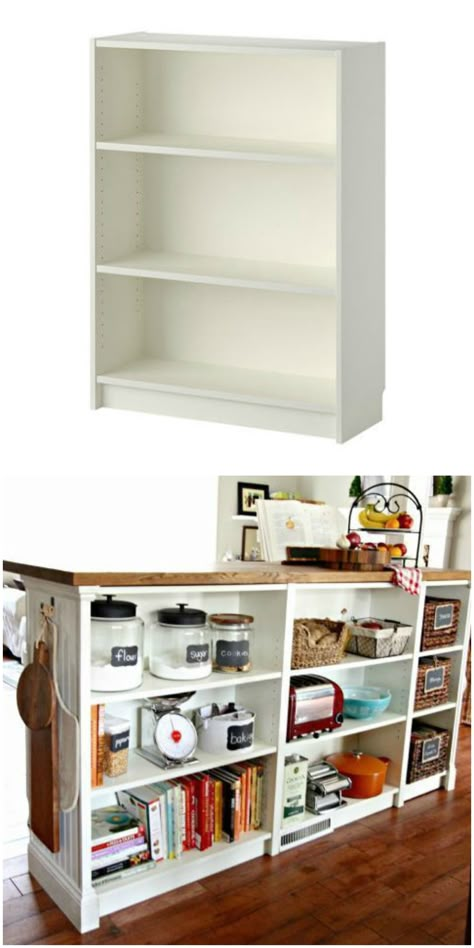 Turn you short Billy bookcase into a double-duty kitchen island using this IKEA hack! Billy Ikea, Billy Bookcases, Ikea Kitchen Island, Ikea Hack Ideas, Ikea Billy Bookcase, Ikea Furniture Hacks, Decor Ikea, Ikea Billy, Billy Bookcase