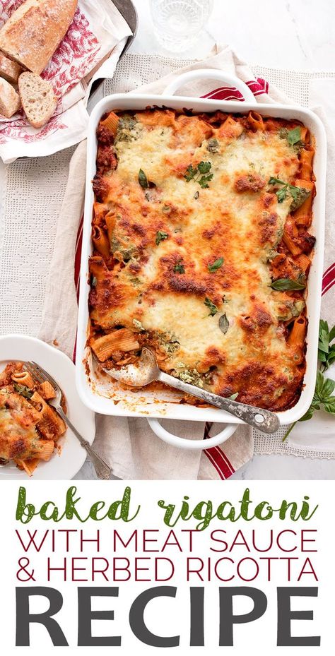 Baked Rigatoni With Ricotta, Kitty Recipes, Ricotta Pasta Bake, Ricotta Pasta Recipes, Herbed Ricotta, Rigatoni Recipes, Baked Rigatoni, Meat Sauce Recipes, Ricotta Recipes