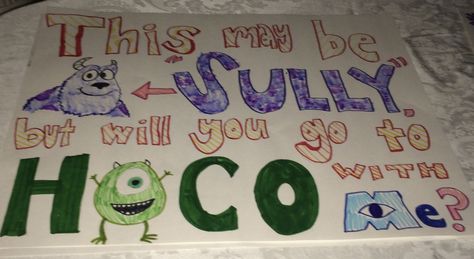 Monsters Inc Hoco Proposal, Prom Posals Ideas Disney, Disney Dance Proposal, Disney Themed Promposal, Homecoming Proposal Ideas Disney, Disney Promposal Ideas, Disney Promposals, Disney Hoco Proposals, Prom Puns