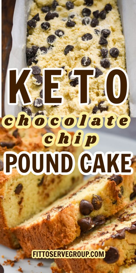 close up images of keto chocolate chip pound cake batter in a parchment lined loaf pan and then baked and sliced. Keto Chocolate Chip Desserts, Keto Pound Cake Recipes Easy, Low Carb Loaf Cake, Keto Cream Cheese Chocolate Pound Cake, Keto Chocolate Chip Bread, Keto Pound Cake Recipes, Keto Pudding Cake, Keto Chocolate Pound Cake, Keto Loaf Cake