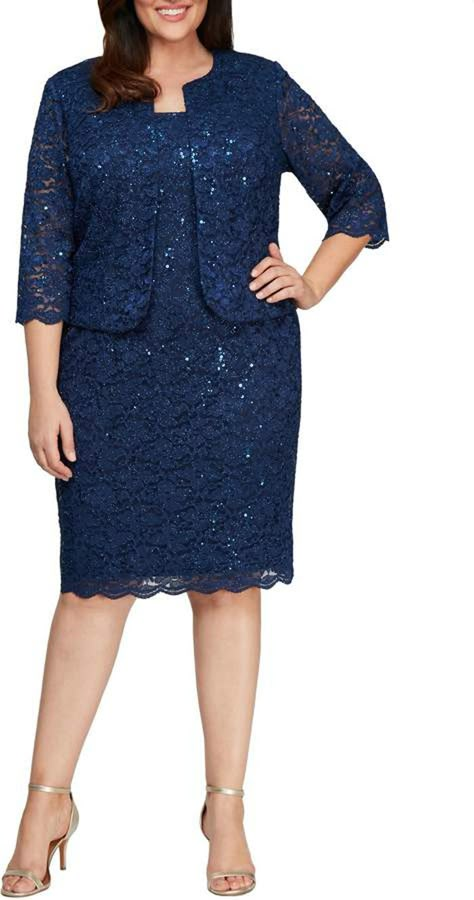 25 Plus Size Mother of the Bride Dresses Your Mom Will Rock Cocktail Dresses With Jackets, Mother Of The Bride Plus Size, Lace Jacket Dress, Squared Neckline, Mother Wedding, Women Dresses Classy, Elegant Dresses Classy, Alex Evenings, Scallop Trim