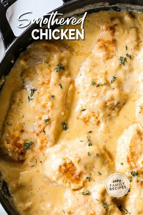 Smothered Chicken Breasts with Gravy is a cozy and EASY dish that brings comfort to any table! Juicy pan-friend chicken is nestled in a pan of rich, savory gravy for a kid-friendly weeknight dinner done in under 30 minutes. A Southern-style chicken recipe the whole family will love! One Pan Chicken And Gravy, Baked Chicken Recipes With Gravy, Cream Of Chicken Smothered Chicken, Smothered Chicken Breast With Gravy, Smothered Chicken Tenders, Oven Smothered Chicken, Smothered Chicken In Oven, Smothered Chicken With Cream Of Chicken, Chicken Kids Will Eat