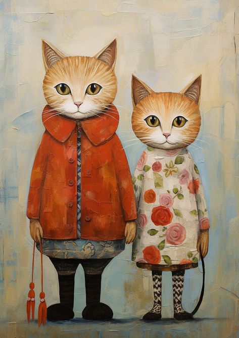 Poster featuring two illustrated cats, one wearing an orange coat with a blue undershirt and holding tassels, and the other in a floral dress, set against a pastel yellow background. Cat Duo, Duo Art, Folk Art Cat, Cat Collage, Whimsical Art Paintings, Vibrant Outfits, Geometric Cat, Cat Art Illustration, Cat Poster